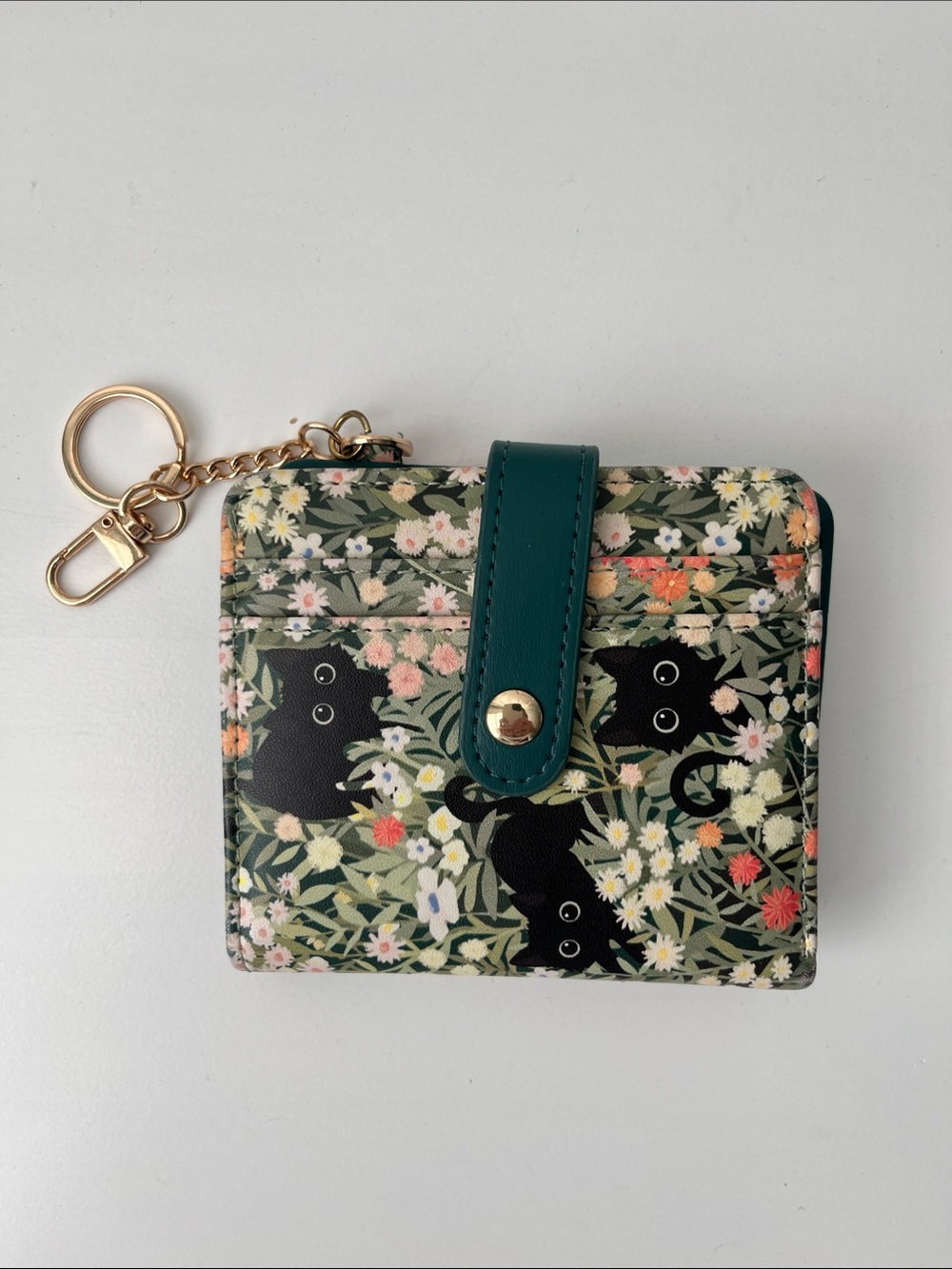Floral Black Cat Print PU Leather RFID Mini Wallet w/ Gold Tone Keychain